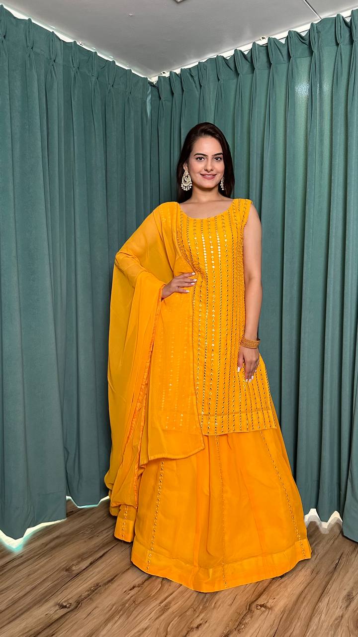 Yellow Radiant Georgette Lehenga Set & Paper Mirror Work ClothsVilla