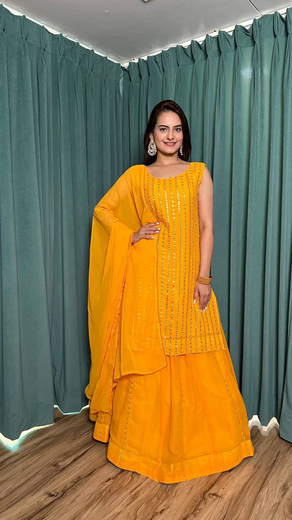 Yellow Radiant Georgette Lehenga Set & Paper Mirror Work ClothsVilla