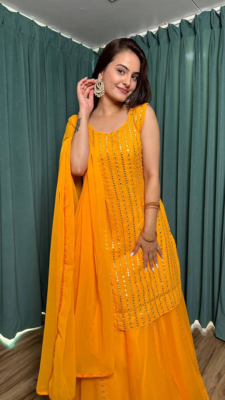 Yellow Radiant Georgette Lehenga Set & Paper Mirror Work ClothsVilla