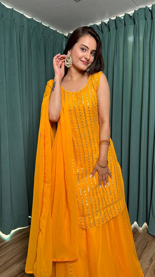 Yellow Radiant Georgette Lehenga Set & Paper Mirror Work ClothsVilla