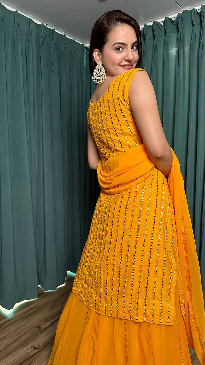 Yellow Radiant Georgette Lehenga Set & Paper Mirror Work ClothsVilla