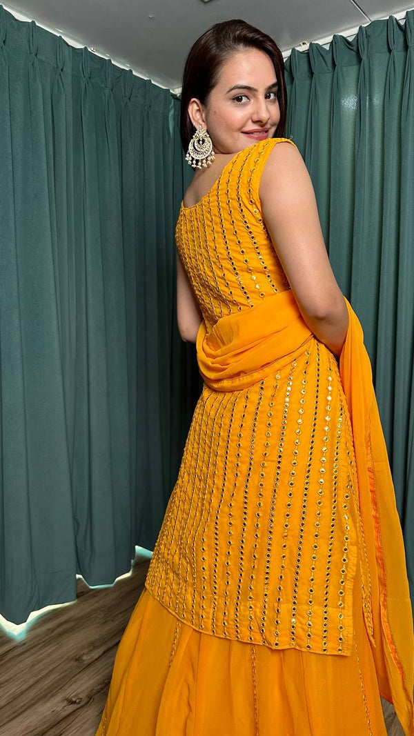 Yellow Radiant Georgette Lehenga Set & Paper Mirror Work ClothsVilla