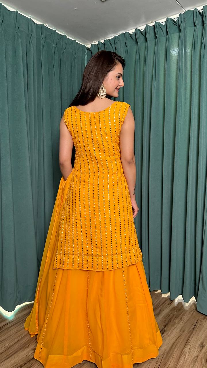 Yellow Radiant Georgette Lehenga Set & Paper Mirror Work ClothsVilla