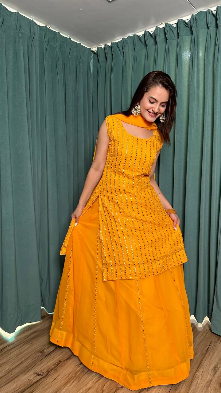 Yellow Radiant Georgette Lehenga Set & Paper Mirror Work ClothsVilla
