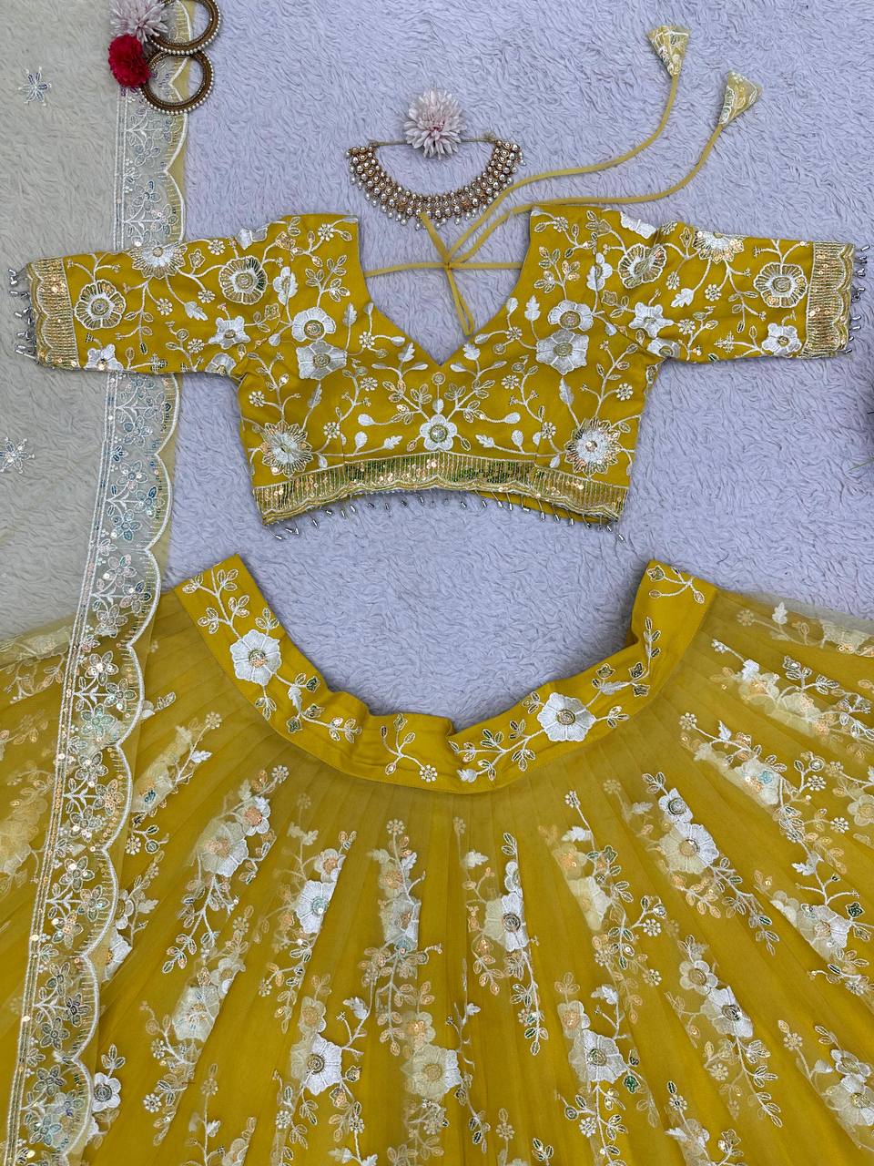Yellow Radiant Soft Net Semi-Stitched Lehenga Set with Sequence Embroidery & Fancy Latkans ClothsVilla