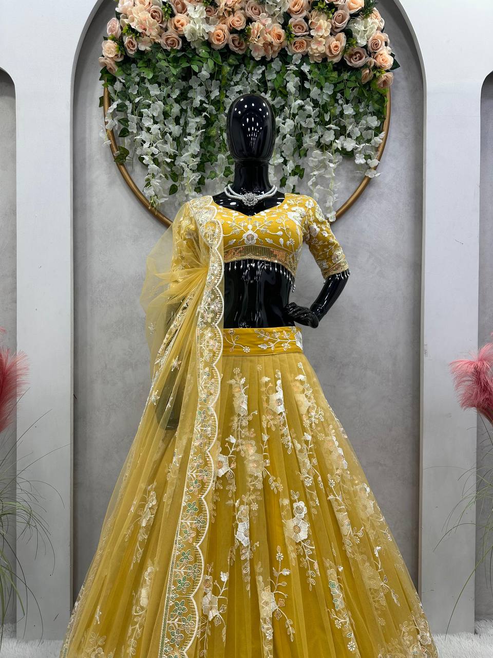 Yellow Radiant Soft Net Semi-Stitched Lehenga Set with Sequence Embroidery & Fancy Latkans ClothsVilla