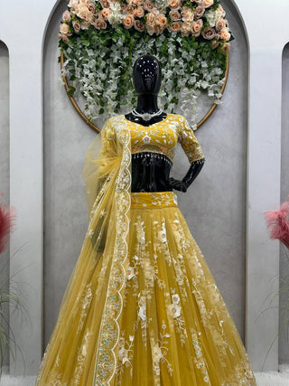 Yellow Radiant Soft Net Semi-Stitched Lehenga Set with Sequence Embroidery & Fancy Latkans ClothsVilla