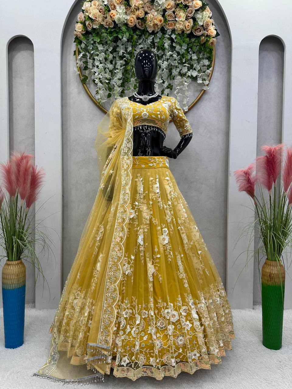 Yellow Radiant Soft Net Semi-Stitched Lehenga Set with Sequence Embroidery & Fancy Latkans ClothsVilla