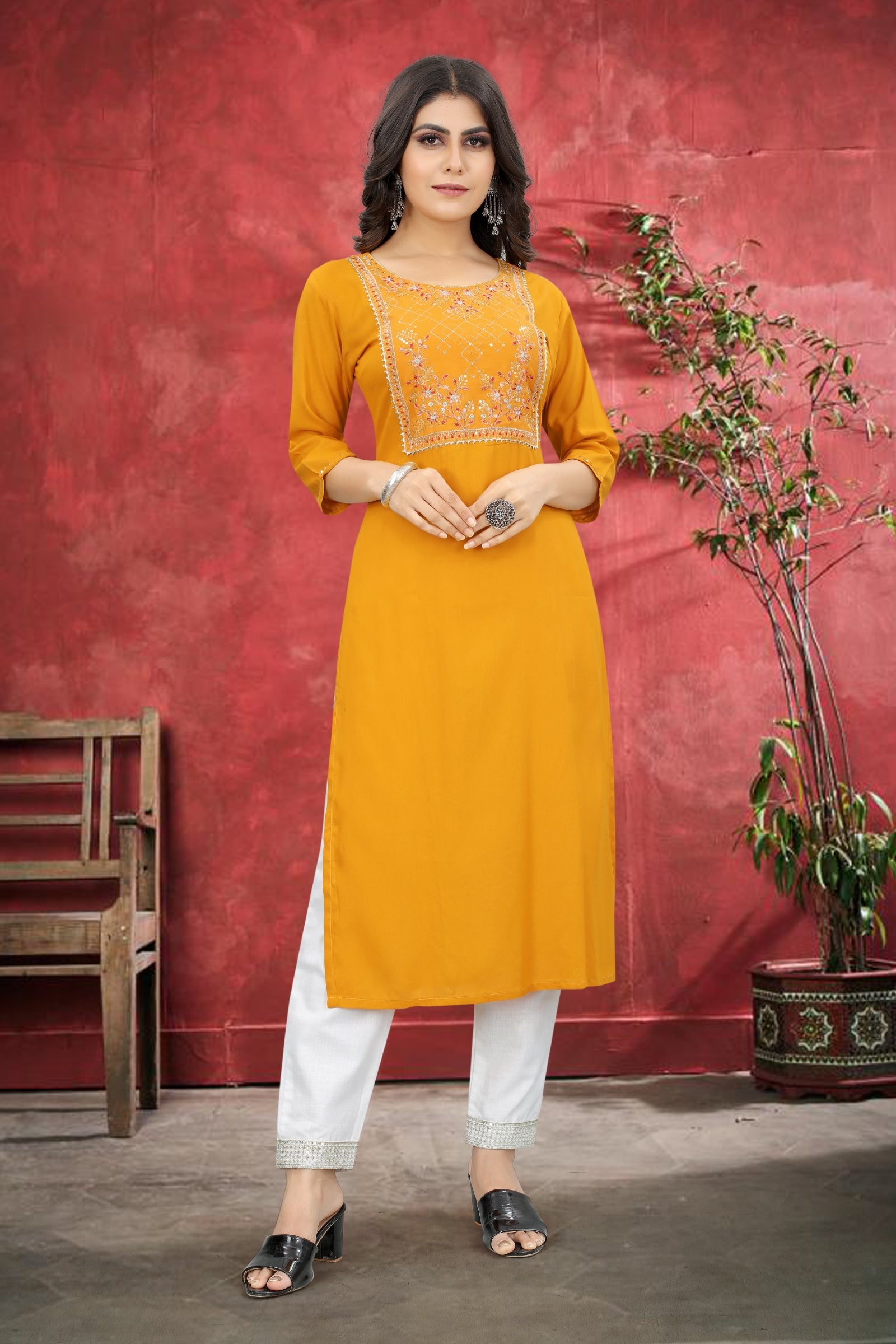 Yellow Rayon Kurta Set With Pant ClothsVilla