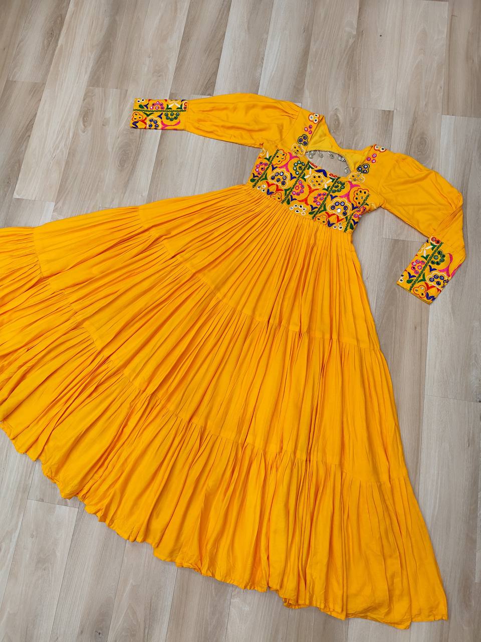 Yellow Rayon Kutchi Gamthi Work Gown with 3-Layer Frill & 12 Meter Flair ClothsVilla