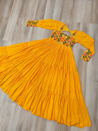 Yellow Rayon Kutchi Gamthi Work Gown with 3-Layer Frill & 12 Meter Flair ClothsVilla