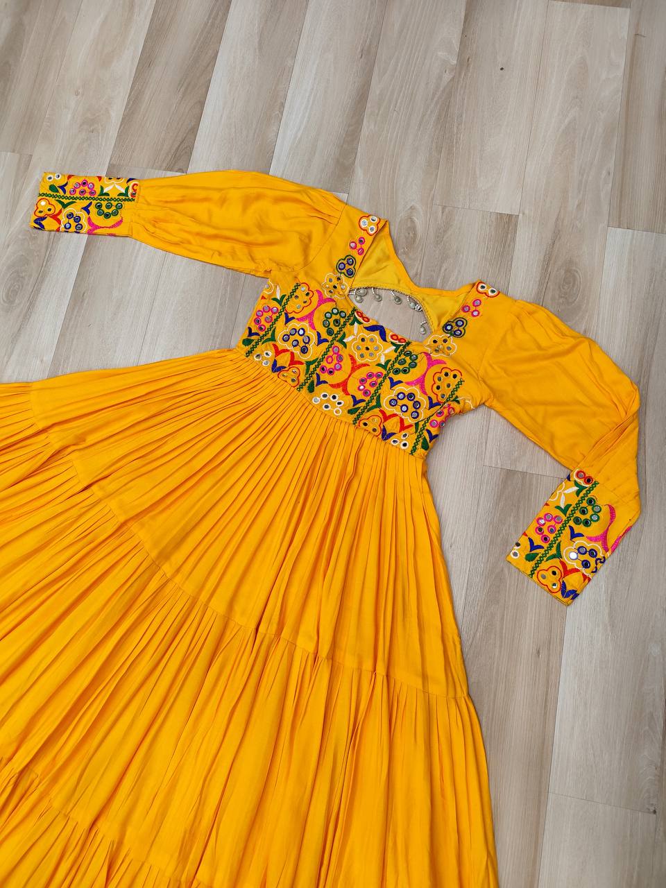 Yellow Rayon Kutchi Gamthi Work Gown with 3-Layer Frill & 12 Meter Flair ClothsVilla