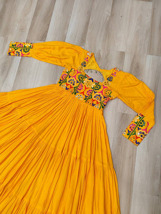 Yellow Rayon Kutchi Gamthi Work Gown with 3-Layer Frill & 12 Meter Flair ClothsVilla