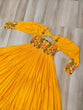 Load image into Gallery viewer, Yellow Rayon Kutchi Gamthi Work Gown with 3-Layer Frill &amp; 12 Meter Flair ClothsVilla