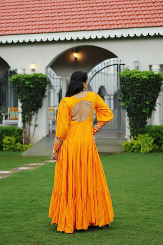 Yellow Rayon Kutchi Gamthi Work Gown with 3-Layer Frill & 12 Meter Flair ClothsVilla