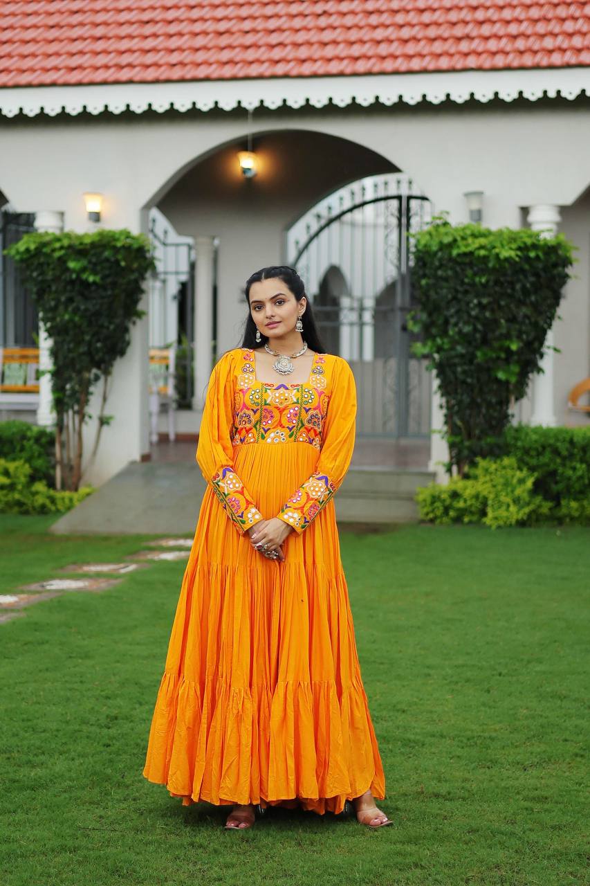 Yellow Rayon Kutchi Gamthi Work Gown with 3-Layer Frill & 12 Meter Flair ClothsVilla