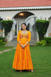 Load image into Gallery viewer, Yellow Rayon Kutchi Gamthi Work Gown with 3-Layer Frill &amp; 12 Meter Flair ClothsVilla