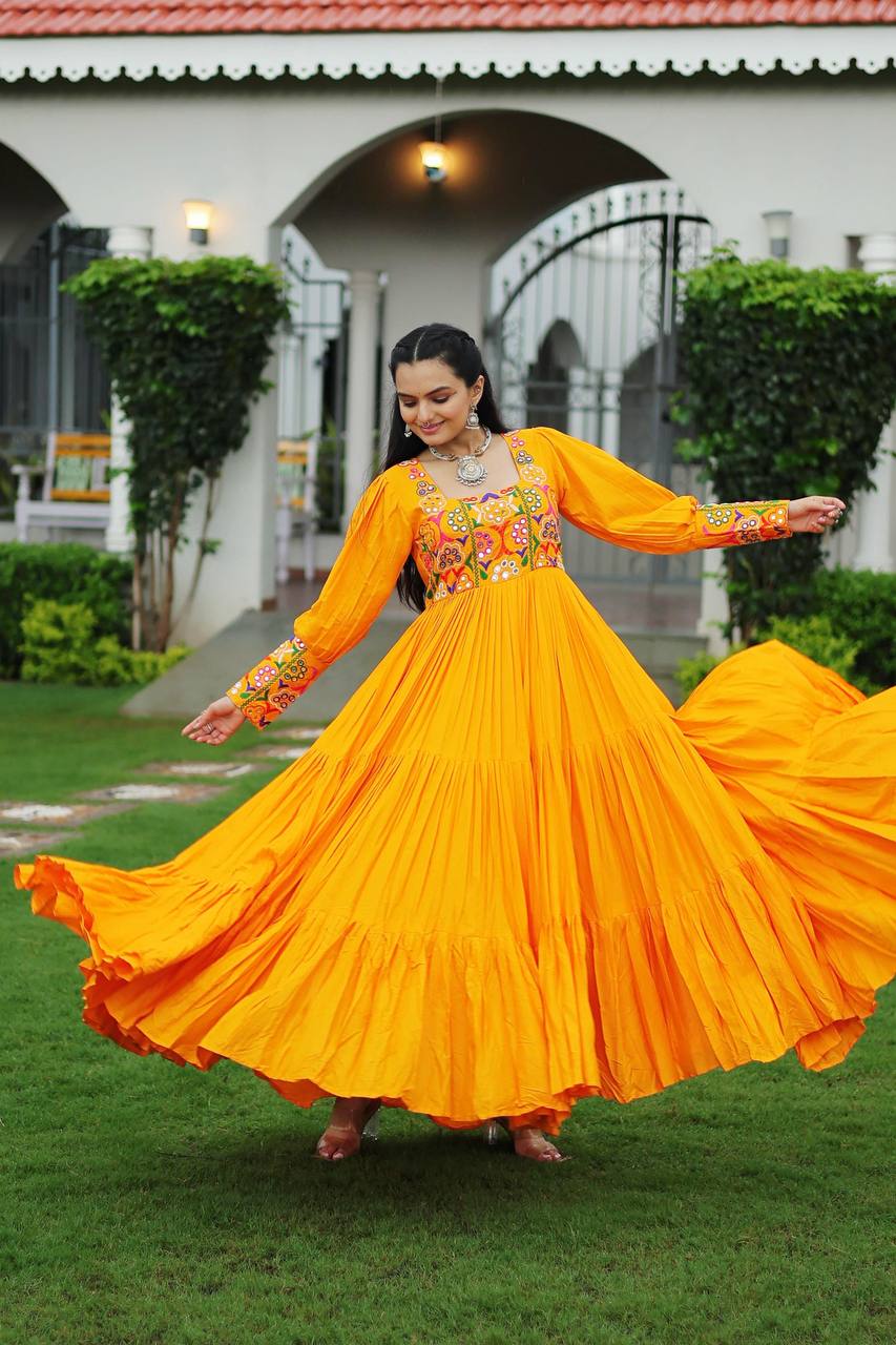 Yellow Rayon Kutchi Gamthi Work Gown with 3-Layer Frill & 12 Meter Flair ClothsVilla