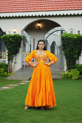 Yellow Rayon Kutchi Gamthi Work Gown with 3-Layer Frill & 12 Meter Flair ClothsVilla