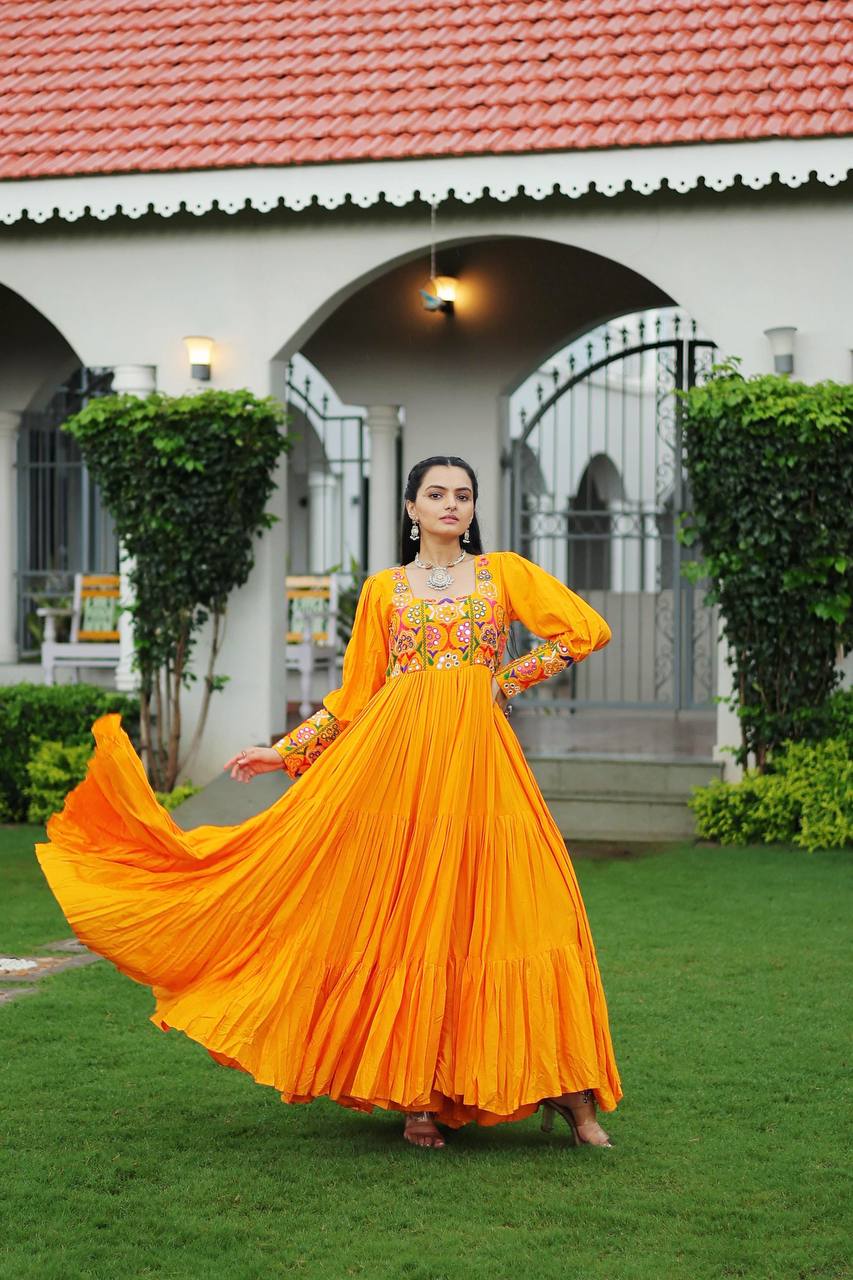 Yellow Rayon Kutchi Gamthi Work Gown with 3-Layer Frill & 12 Meter Flair ClothsVilla