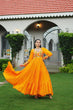 Load image into Gallery viewer, Yellow Rayon Kutchi Gamthi Work Gown with 3-Layer Frill &amp; 12 Meter Flair ClothsVilla
