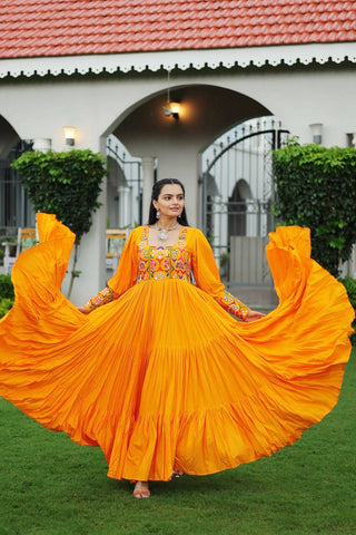Yellow Rayon Kutchi Gamthi Work Gown with 3-Layer Frill & 12 Meter Flair ClothsVilla