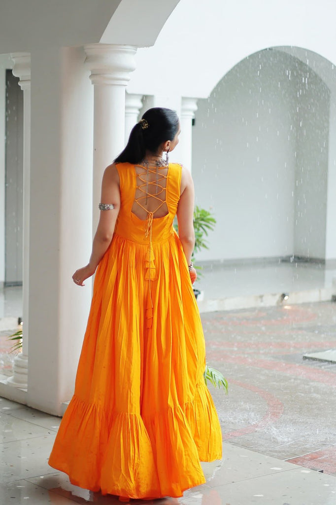 Yellow Rayon Navratri Gown with Kutchi Gamthi Embroidery & Mirror Work – Sleeveless with Flair ClothsVilla