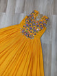Load image into Gallery viewer, Yellow Rayon Navratri Gown with Kutchi Gamthi Embroidery &amp; Mirror Work – Sleeveless with Flair ClothsVilla