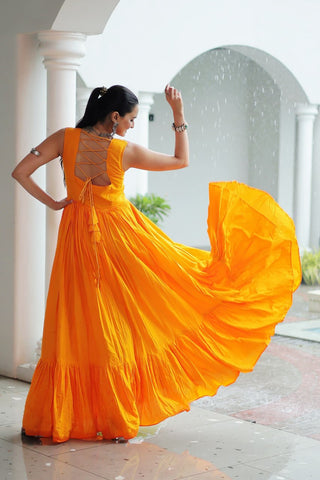 Yellow Rayon Navratri Gown with Kutchi Gamthi Embroidery & Mirror Work – Sleeveless with Flair ClothsVilla