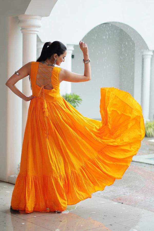 Yellow Rayon Navratri Gown with Kutchi Gamthi Embroidery & Mirror Work – Sleeveless with Flair ClothsVilla