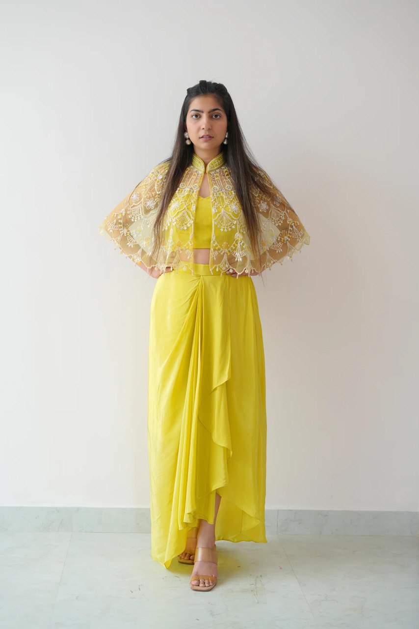 Yellow Ready-to-Wear Dhoti Style Set with Koti & Tube Blouse