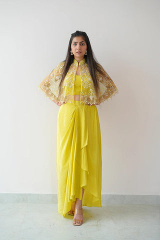 Yellow Ready-to-Wear Dhoti Style Set with Koti & Tube Blouse
