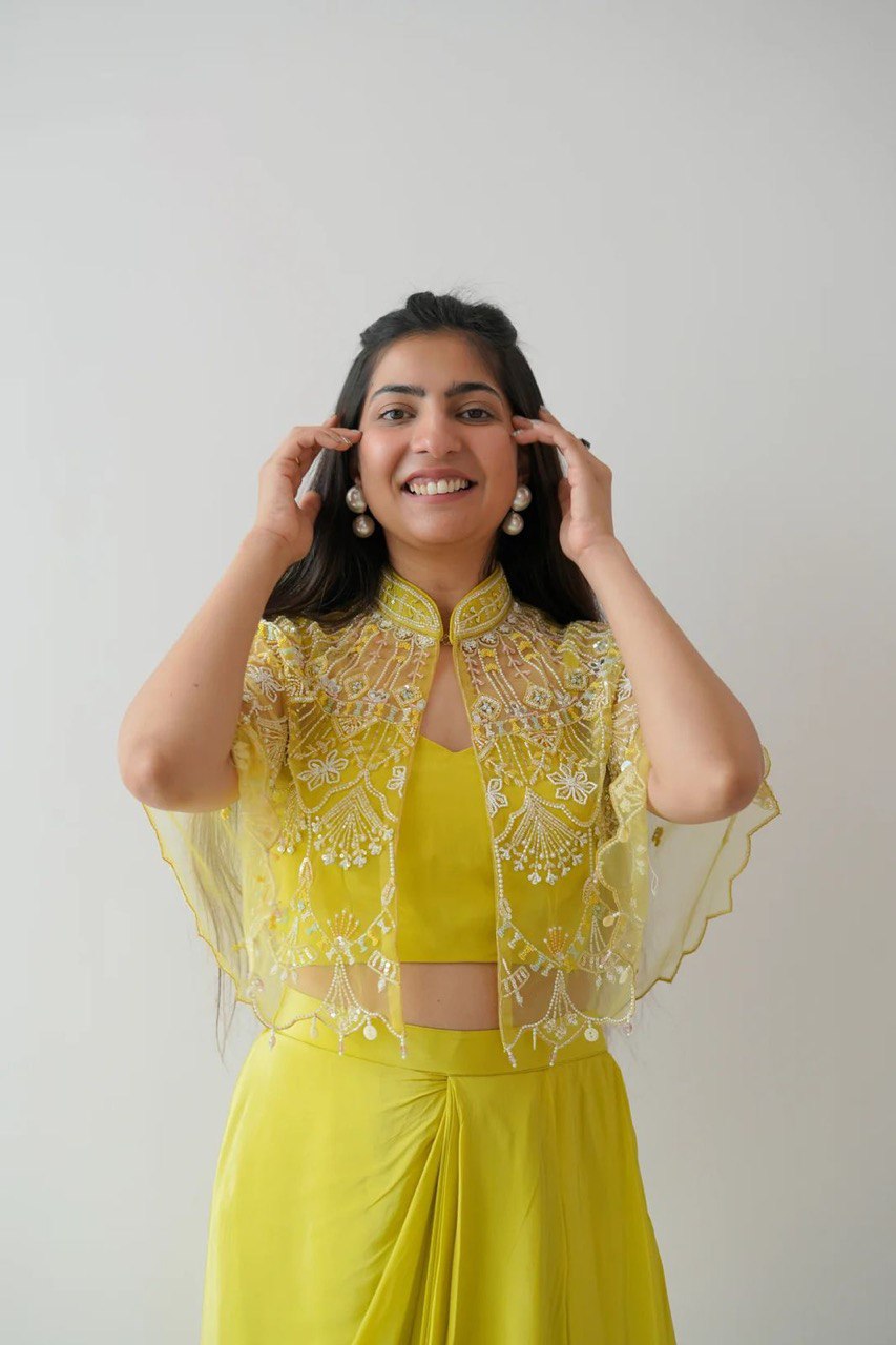 Yellow Ready-to-Wear Dhoti Style Set with Koti & Tube Blouse