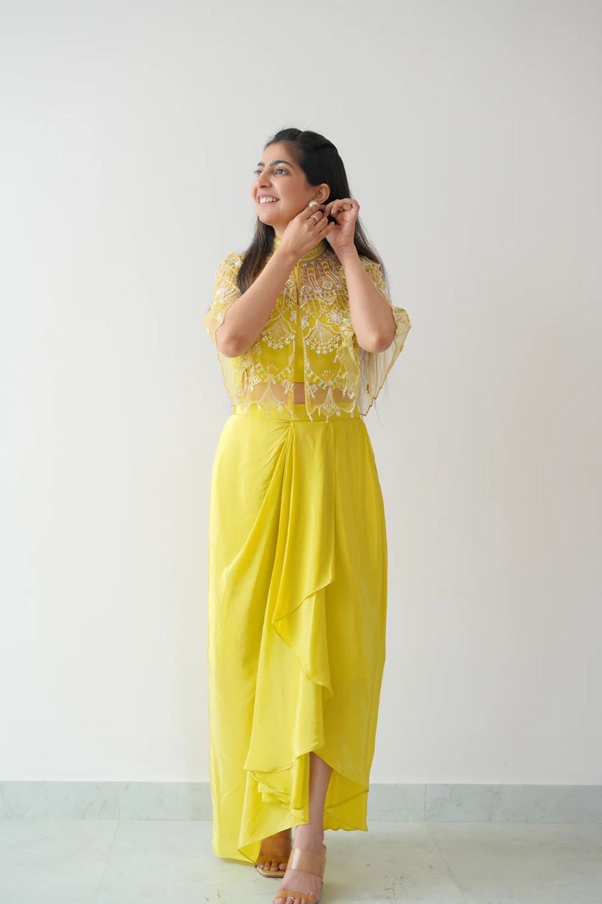 Yellow Ready-to-Wear Dhoti Style Set with Koti & Tube Blouse