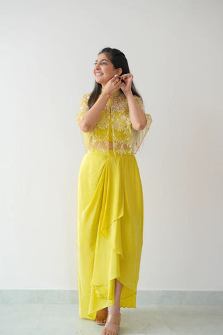 Yellow Ready-to-Wear Dhoti Style Set with Koti & Tube Blouse