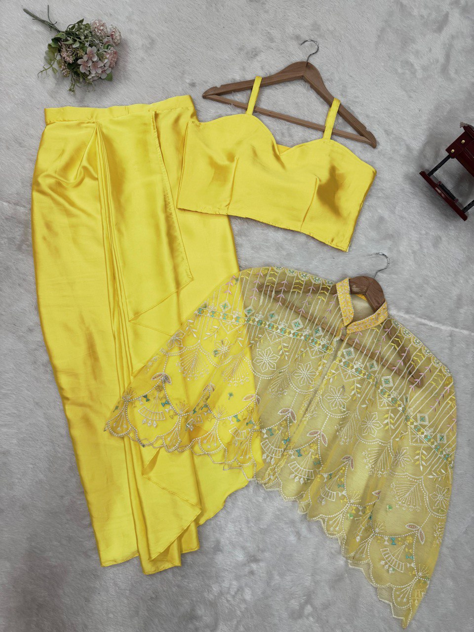 Yellow Ready-to-Wear Dhoti Style Set with Koti & Tube Blouse