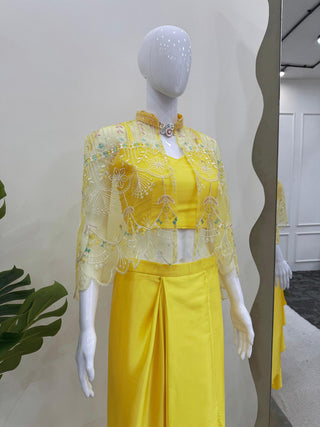 Yellow Ready-to-Wear Dhoti Style Set with Koti & Tube Blouse