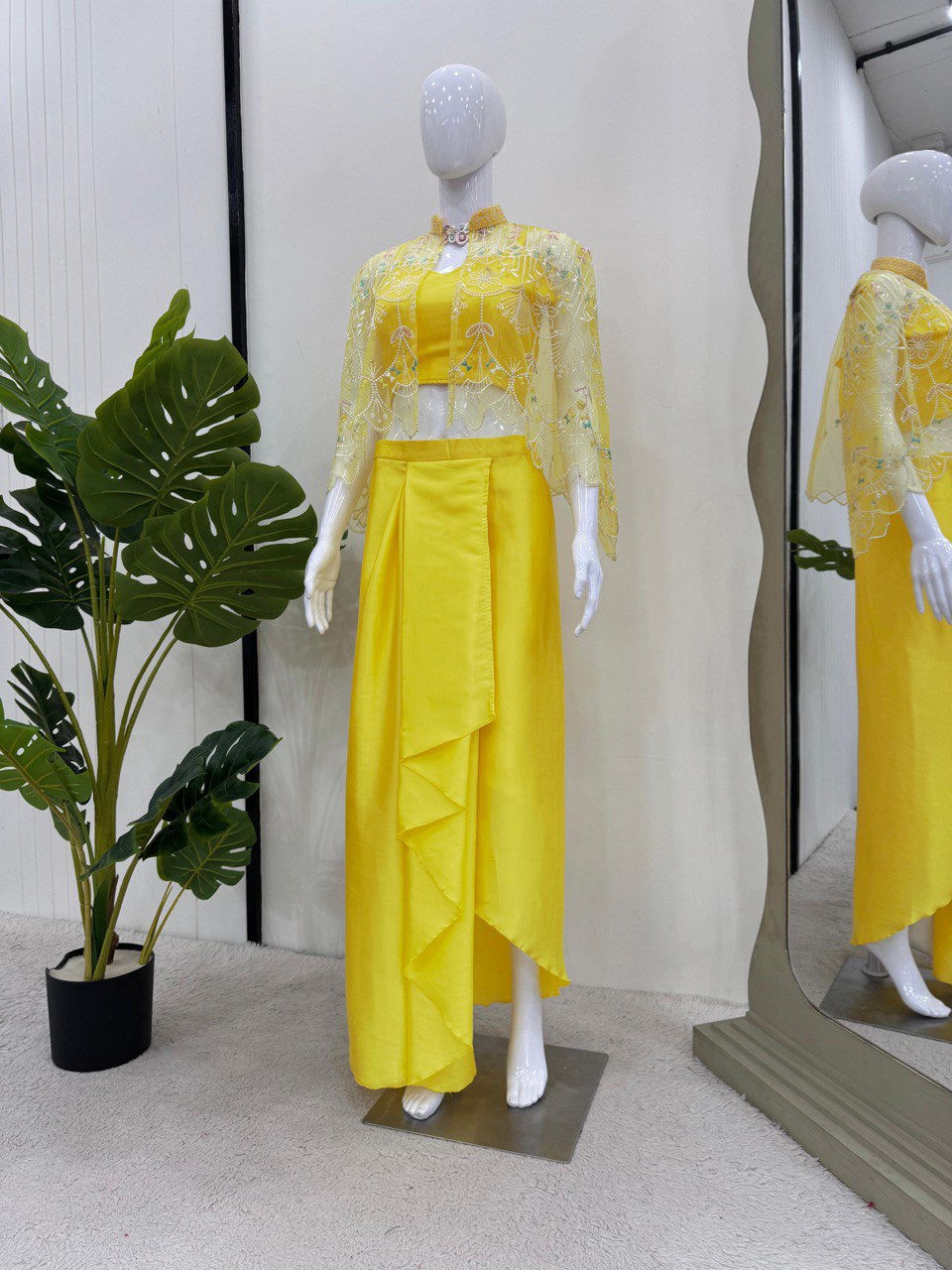 Yellow Ready-to-Wear Dhoti Style Set with Koti & Tube Blouse