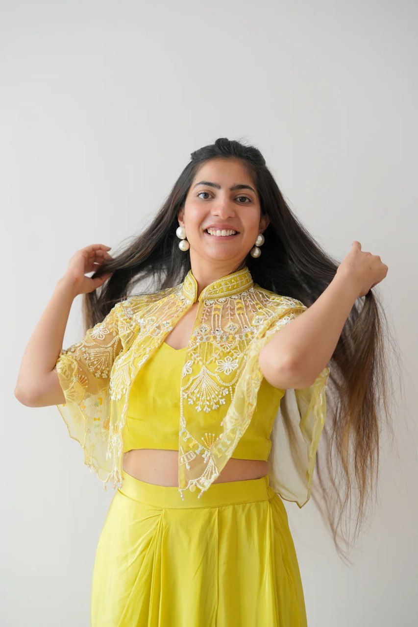 Yellow Ready-to-Wear Dhoti Style Set with Koti & Tube Blouse