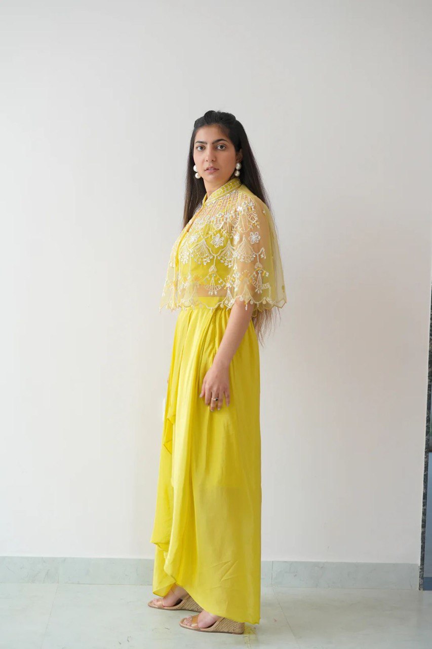 Yellow Ready-to-Wear Dhoti Style Set with Koti & Tube Blouse
