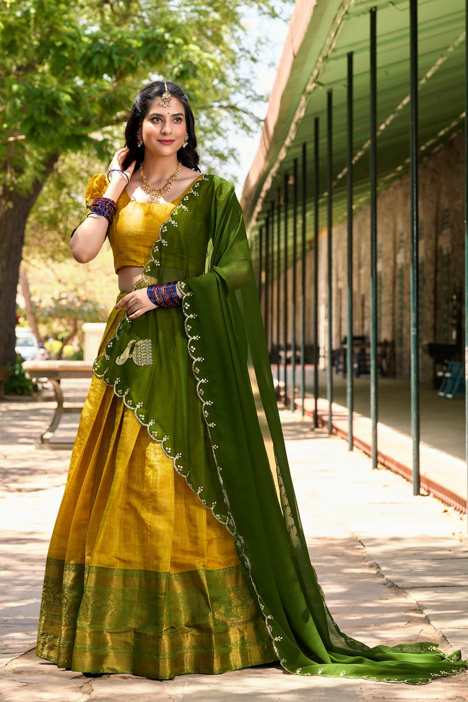 Yellow Regal Zari Woven Kanjivaram Lehenga Choli with Sequin Embroidery Dupatta ClothsVilla