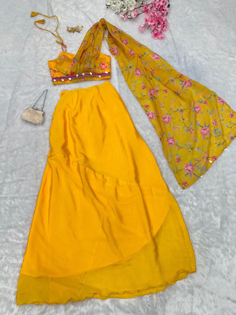 Yellow Ri8 Fashion - Exclusive Western Skirt & Blouse Set with Attached Dupatta Modern Elegance Clothsvilla