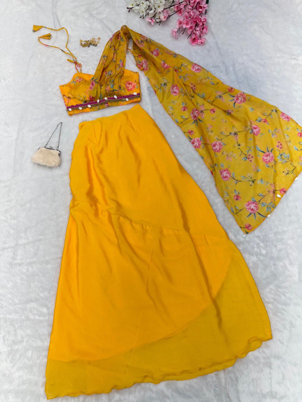 Yellow Ri8 Fashion - Exclusive Western Skirt & Blouse Set with Attached Dupatta Modern Elegance Clothsvilla