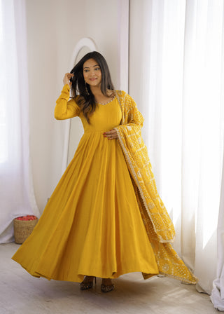 Yellow Roman Silk Anarkali Gown ClothsVilla