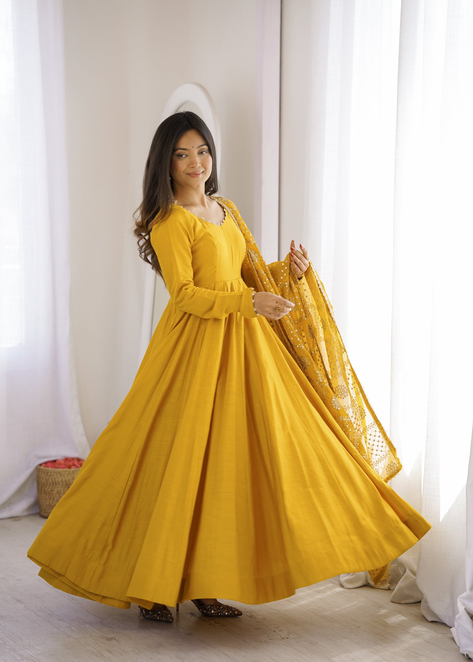 Yellow Roman Silk Anarkali Gown ClothsVilla