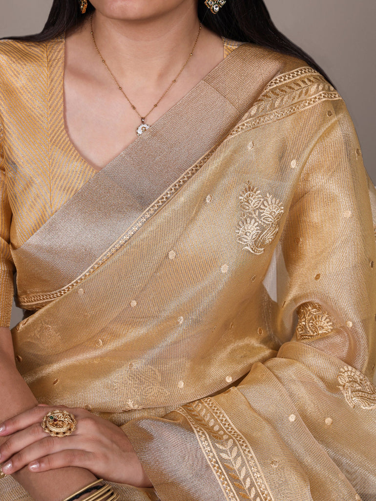 Yellow Rose Gold Poly Shimmer Saree with Elegant Thread Embroidery and Matching Blouse – Unstitched Ensemble ClothsVilla