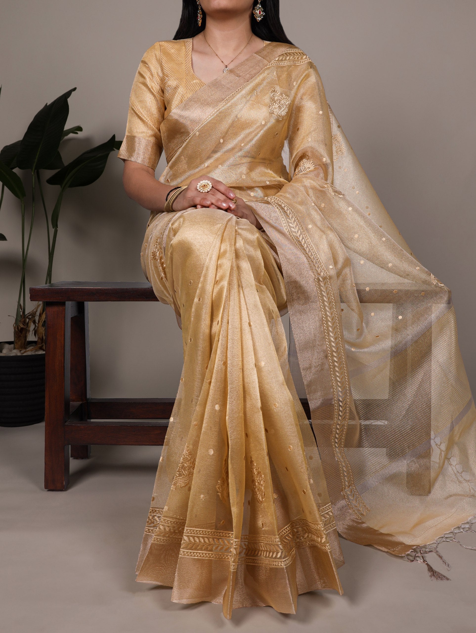Yellow Rose Gold Poly Shimmer Saree with Elegant Thread Embroidery and Matching Blouse – Unstitched Ensemble ClothsVilla Main image