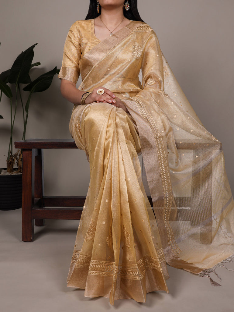 Yellow Rose Gold Poly Shimmer Saree with Elegant Thread Embroidery and Matching Blouse – Unstitched Ensemble ClothsVilla