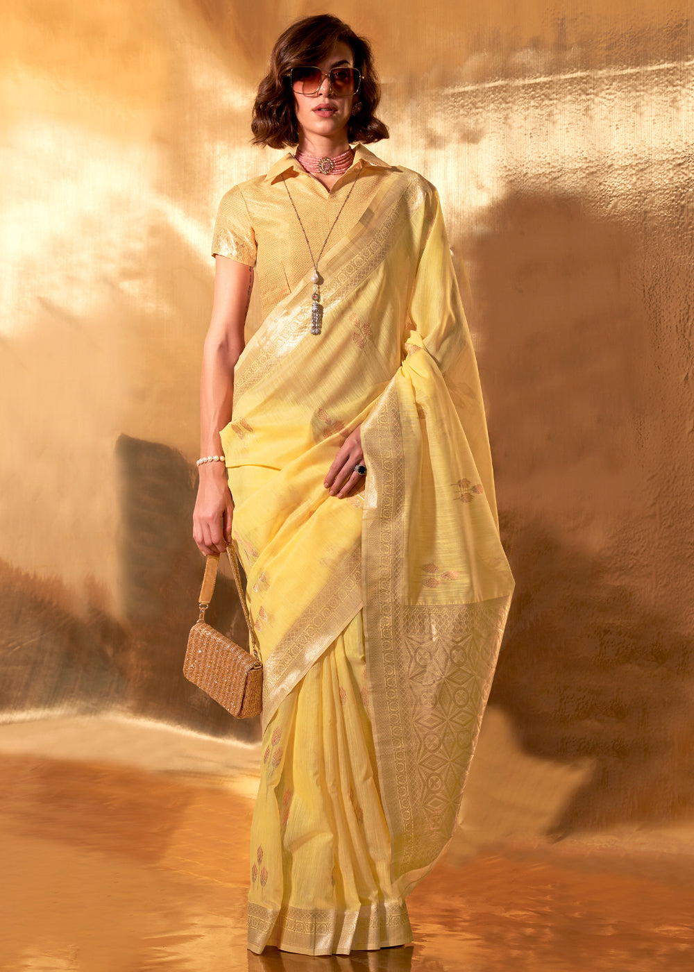 Yellow Royal Banarasi Silk Saree with Contrast Border & Designer Pallu – Wedding Special ClothsVilla Main image