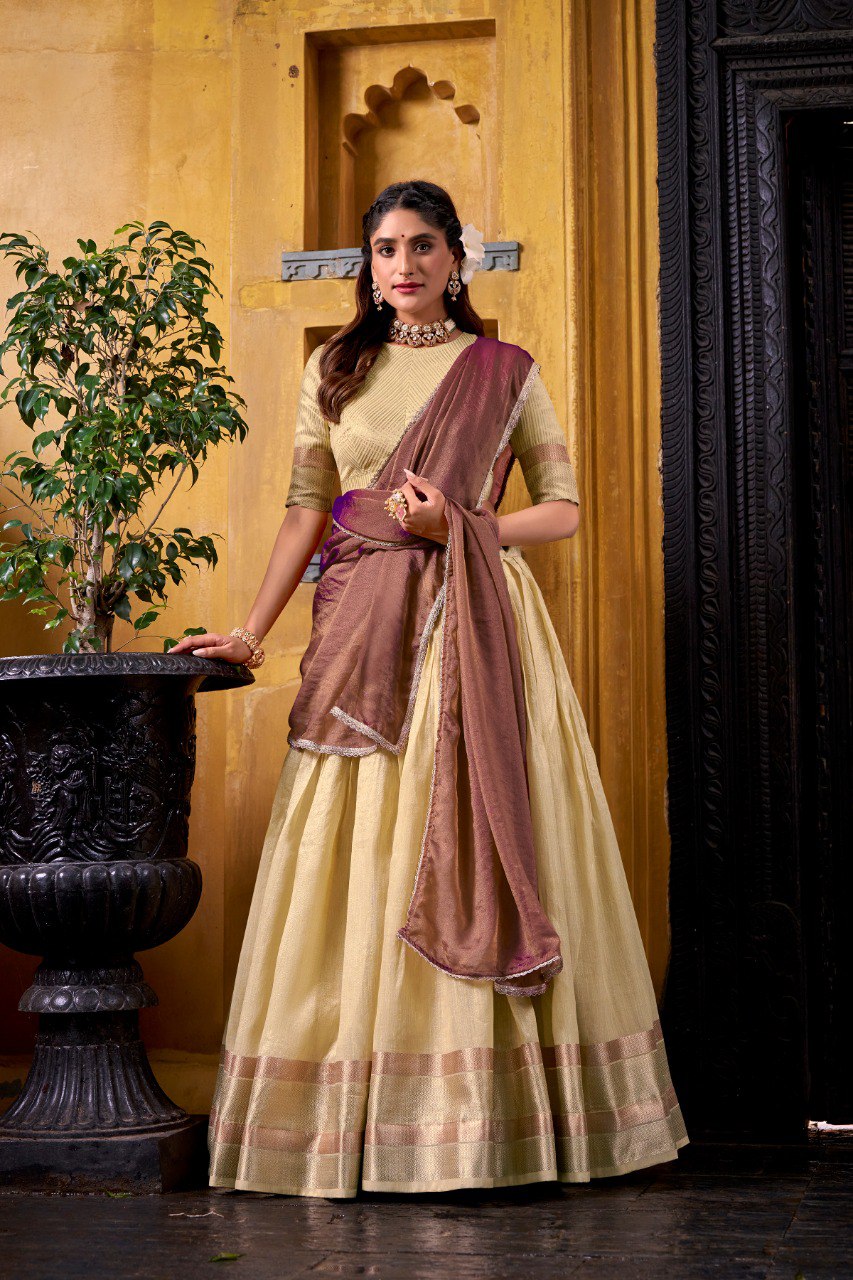 Yellow Royal Dupion Silk Zari Weaving Lehenga Choli with Zari Shimmer Dupatta – Stitched Traditional Ensemble ClothsVilla Main image